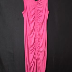 Ruched V-Neck Maxi Dress in Hot Pink